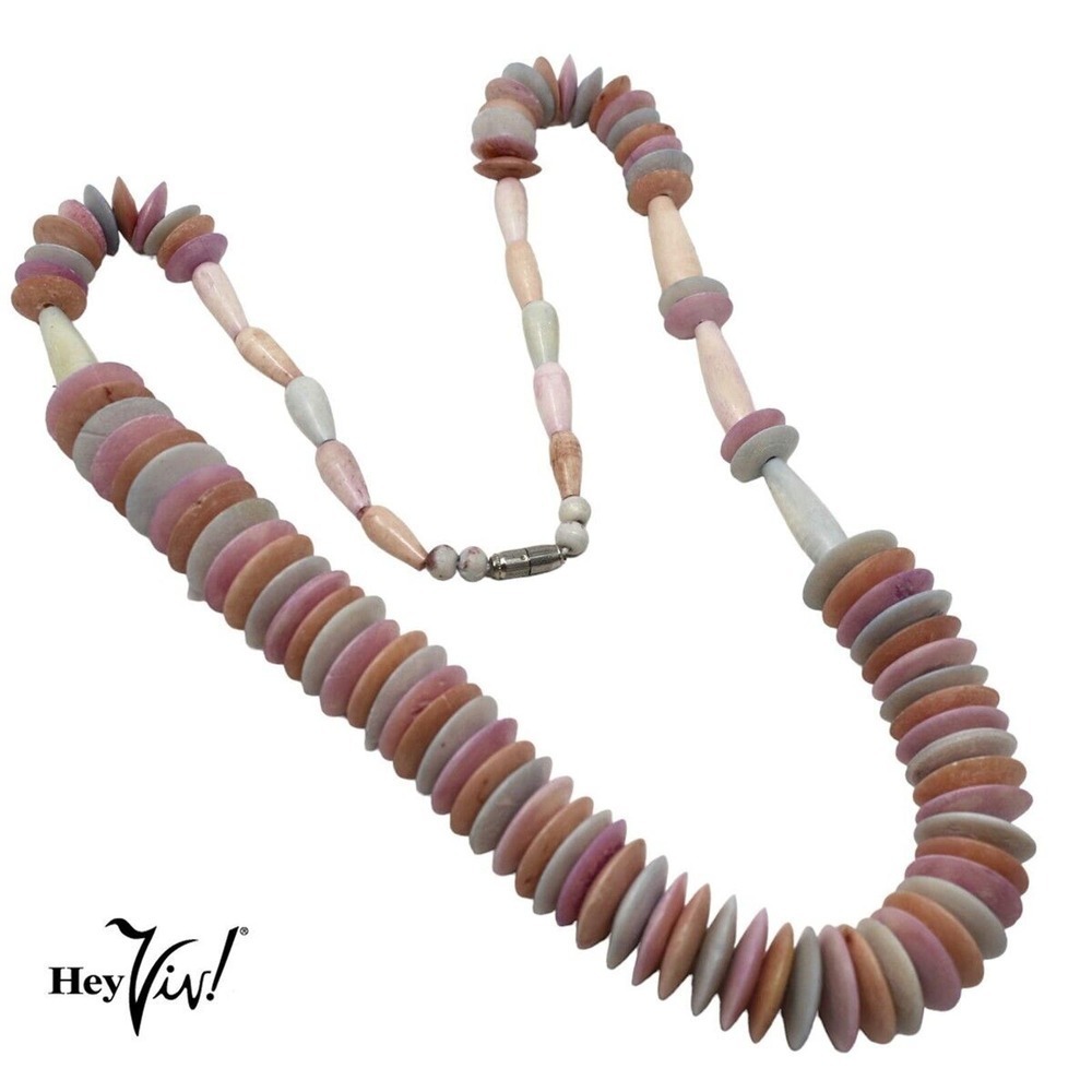 Pastel Pink and Green Flat Bead Necklace w Asymmetrical Look 26" Long - Hey Viv